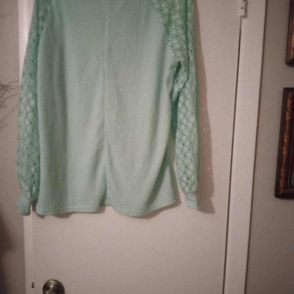 New Without Tag Miholl Mint Green Lace Sleeve Sweatshirt SizeL - Picture 2 of 8